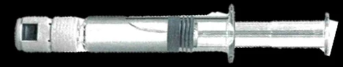 Horizontal pre-filled syringe with transparent cylindrical barrel, white plunger, and protective cap on the left tip