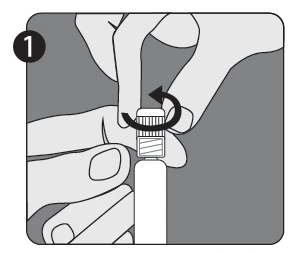 Dos manos sujetando un frasco médico mientras una flecha curva indica el movimiento de giro de la tapa superior para retirarla