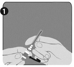 Two hands holding a syringe with needle and a vial, with a black arrow indicating the insertion movement of the needle