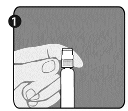 Numbered illustration showing a hand holding a medication vial to remove the top cap in a medical context