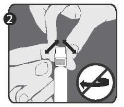 Two hands holding a white medical device with black arrows indicating pulling apart
