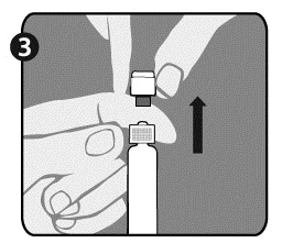 Two hands removing the upper cap from a medication vial with a motion away from the body