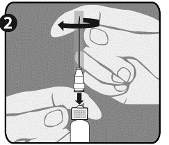 Black and white illustration showing a hand rotating a needle onto the neck of a medical vial with a curved black arrow