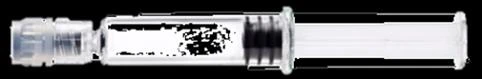 Transparent medical syringe with cylindrical barrel, white plunger, and cap on the tip against a black background