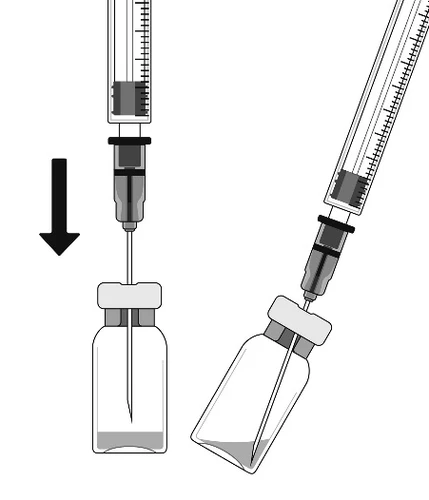 Technical drawing of two syringes with needles withdrawing liquid from two glass vials with rubber stoppers and a black arrow pointing downward