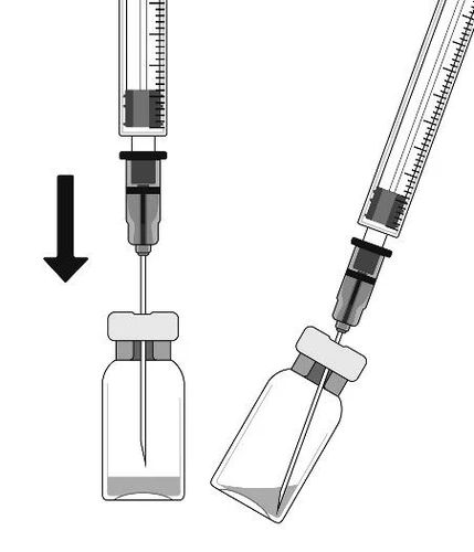 Technical drawing of a syringe with needle being inserted vertically into a glass vial and a second syringe tilted toward the vial