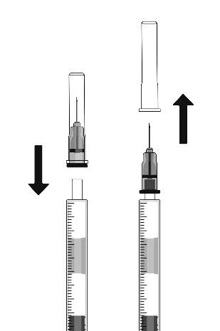 Technical diagram showing the disassembly of a syringe with black arrows indicating the outward movement