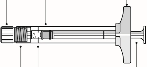 Technical diagram of a horizontal syringe with reference lines indicating the various components of the medical device