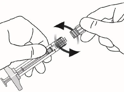 Two hands rotating in opposite directions to screw or unscrew a cap onto a syringe with black arrows indicating rotational movement