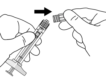 Two hands separating the protective cap from the body of a syringe with a black arrow indicating movement to the right