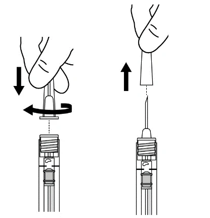 Technical drawing showing two hands pressing down and rotating a cap to attach a needle to a medical syringe