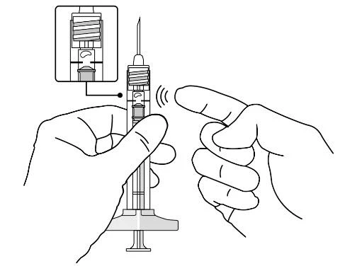 Technical drawing showing two hands gripping a syringe for administration