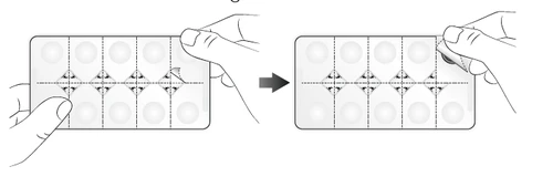 Diagram showing two hands separating a single pill dose from a blister pack along a dotted perforation line