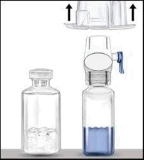 Діаграма, що показує порожню прозору скляну ампулу поруч із другою ампулою, що містить синю рідину, та дозувальним пристроєм згори