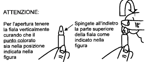 Diagram showing how to hold the vial vertically with the colored mark visible and push back the top part to release