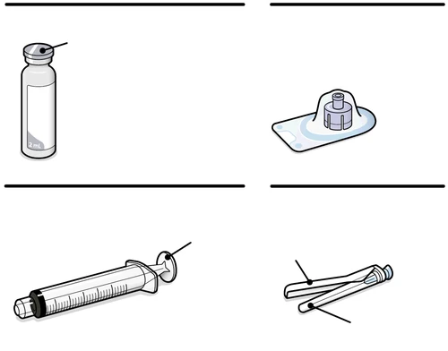 Illustration of a 2 ml vial, a rubber stopper, a syringe with graduations, and a package of sterile needles on a white background