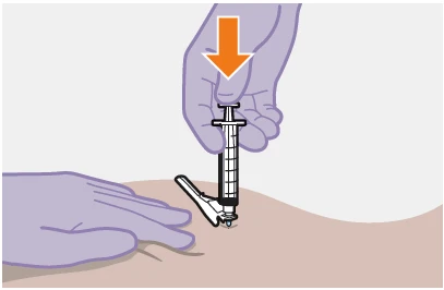 A gloved hand pressing downward on a syringe with an orange arrow while another element is shown