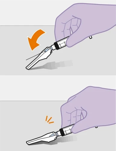 A hand holding a medical device, tilting it downward with an orange arrow, then placing it flat on a surface