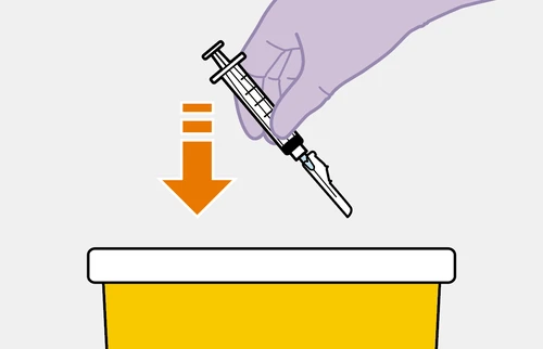 A hand holding a syringe with needle pointing downward, with an orange arrow indicating insertion into a yellow container