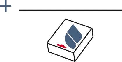 Stylized drawing of a white box with a blue drop and a small red spot on a white background, with a black horizontal line and a blue plus sign