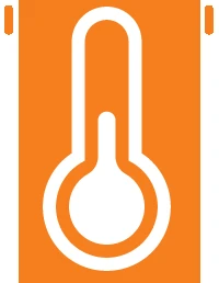 White icon of a stylized thermometer on an orange rectangular background with thin white borders on the top and bottom edges
