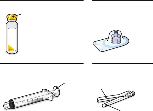 3 ml vial with yellow cap, transparent injection device, syringe with needle, and package of sterile needles ready for use