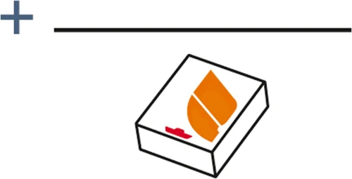 A blue plus sign next to a black horizontal line above a perspective drawing of a white box with an orange and red spot