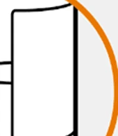 Stylized drawing of a white container with a black outline and an orange arc on the right side on a light gray background