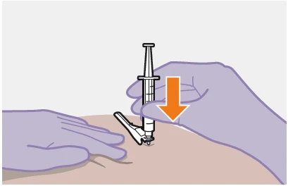 Purple-gloved hands pressing a white syringe toward the patient's skin with an orange arrow indicating downward movement