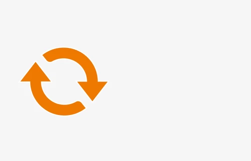 Orange symbol composed of two curved arrows forming a clockwise circle on a neutral white background