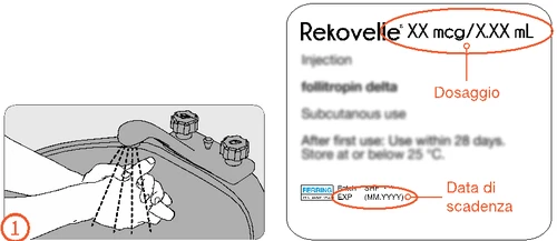 Схема листка-вкладыша препарата Rekovelle с указанием дозировки в мкг и мл и срока годности (EXP)