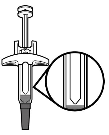 Black and white technical drawing of a syringe with a circular magnification showing a detailed view of the tip
