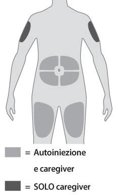 Human body diagram with gray areas on arms, abdomen, and thighs indicating injection sites