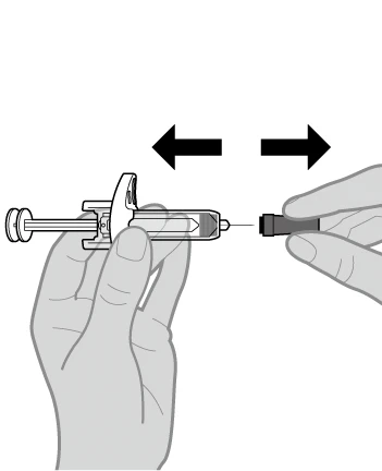 Two hands screwing or unscrewing a protective cap onto a syringe needle, with black arrows indicating lateral movement