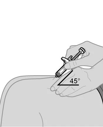 A hand holding an injector angled at 45 degrees relative to the skin surface for injection