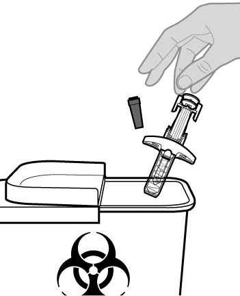 A hand holding a syringe with removed cap above a biohazard waste container with biohazard symbol