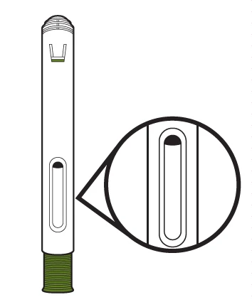 Technical drawing of a white injection pen with an enlarged detail showing the drug level viewing window for liquid medication