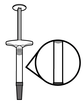 Technical drawing of a syringe with a circular magnification showing a detailed view of the graduated scale on the transparent cylinder