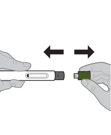 Two hands separating a white medical device from a green cylindrical cap via horizontal movement indicated by black arrows