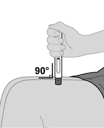 A hand holding an injection pen positioned vertically at 90 degrees on the upper thigh or buttock