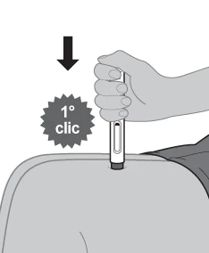 A hand holding a medical device placed on the skin of the buttock with a downward arrow and a symbol indicating first click