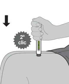 A hand holding a cylindrical medical device placed on the thigh with a downward arrow and a circle labeled 'second click'