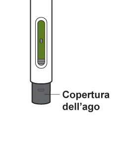 Technical drawing of a white medical device with an oval window showing green liquid and a gray protective cover labeled 'Needle Shield'