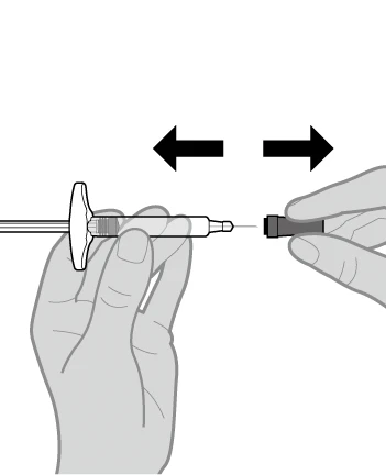 Two hands separating or joining a protective needle cap from a syringe, with black arrows indicating lateral movement