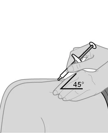 A hand holding a syringe inserted into the body at a 45-degree angle relative to the skin surface