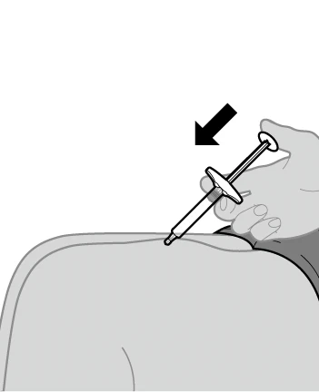 A hand holding a syringe inserted at an angled motion into the upper back of a person, indicated by a black arrow