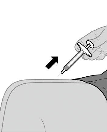 A hand holding a syringe directed toward the upper thigh, with a black arrow indicating the insertion movement