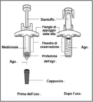 Technical diagram of a pre-filled syringe with descriptive labels indicating plunger, flange, medication, viewing window, needle, and cap
