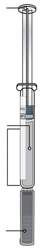Diagrama técnico vertical de una jeringa con émbolo, cuerpo transparente que contiene líquido y base gris con marcas de medición