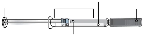 Diagrama técnico de una jeringa con indicaciones sobre émbolo, cuerpo transparente, escala graduada y tapón gris oscuro en la punta